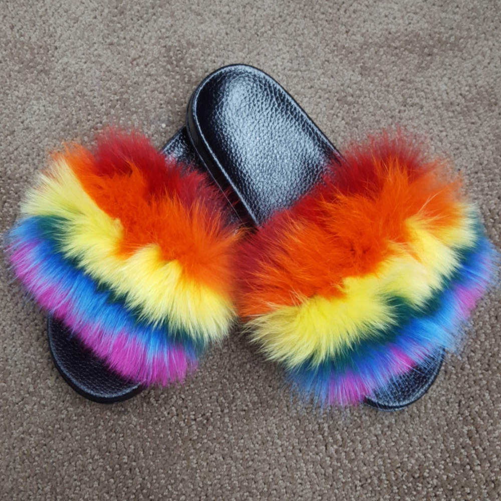 Rainbow Fox Fur Sandals